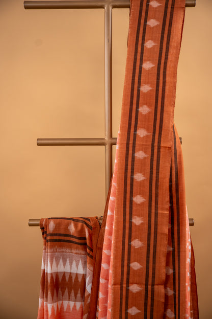 Apricot Orange Sambalpuri Cotton Handloom Saree with Temple Border | Atulyakarigari