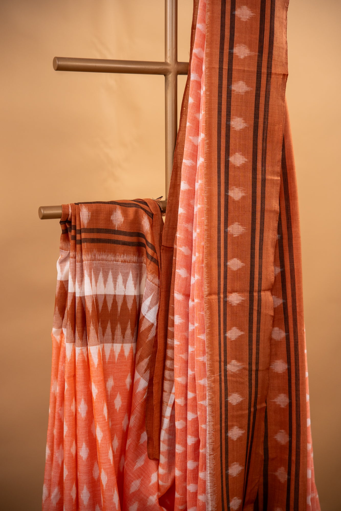 Apricot Orange Sambalpuri Cotton Handloom Saree with Temple Border | Atulyakarigari