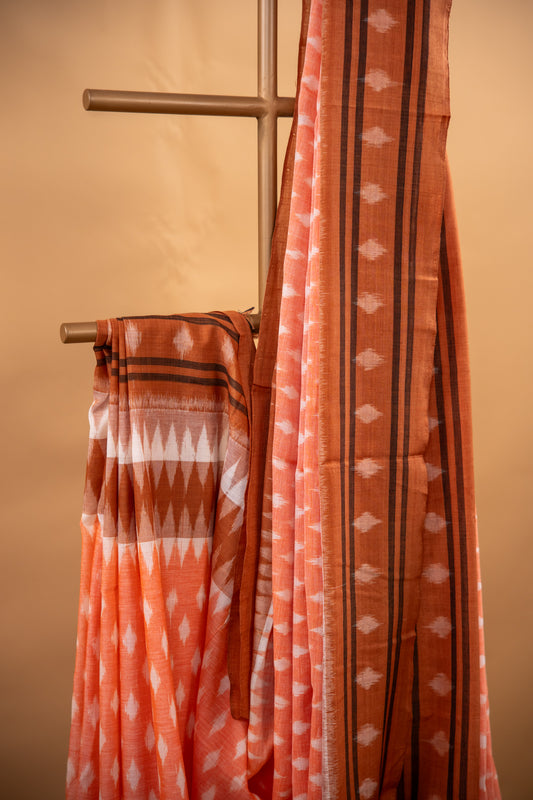 Apricot Orange Sambalpuri Cotton Handloom Saree with Temple Border | Atulyakarigari