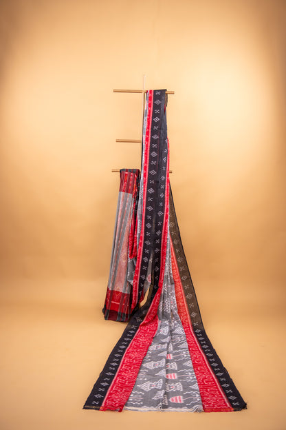 Charcoal Grey Sambalpuri Cotton Handloom Saree with Village & Elephant Motifs | Atulyakarigari