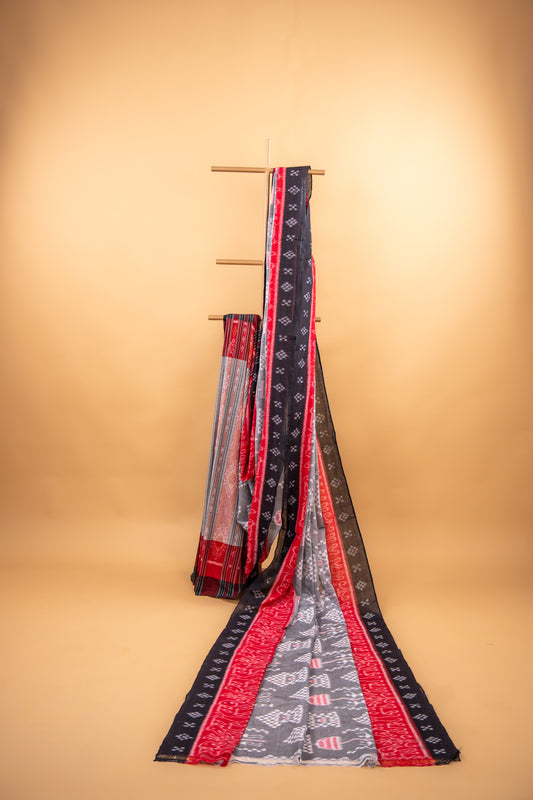 Charcoal Grey Sambalpuri Cotton Handloom Saree with Village & Elephant Motifs | Atulyakarigari