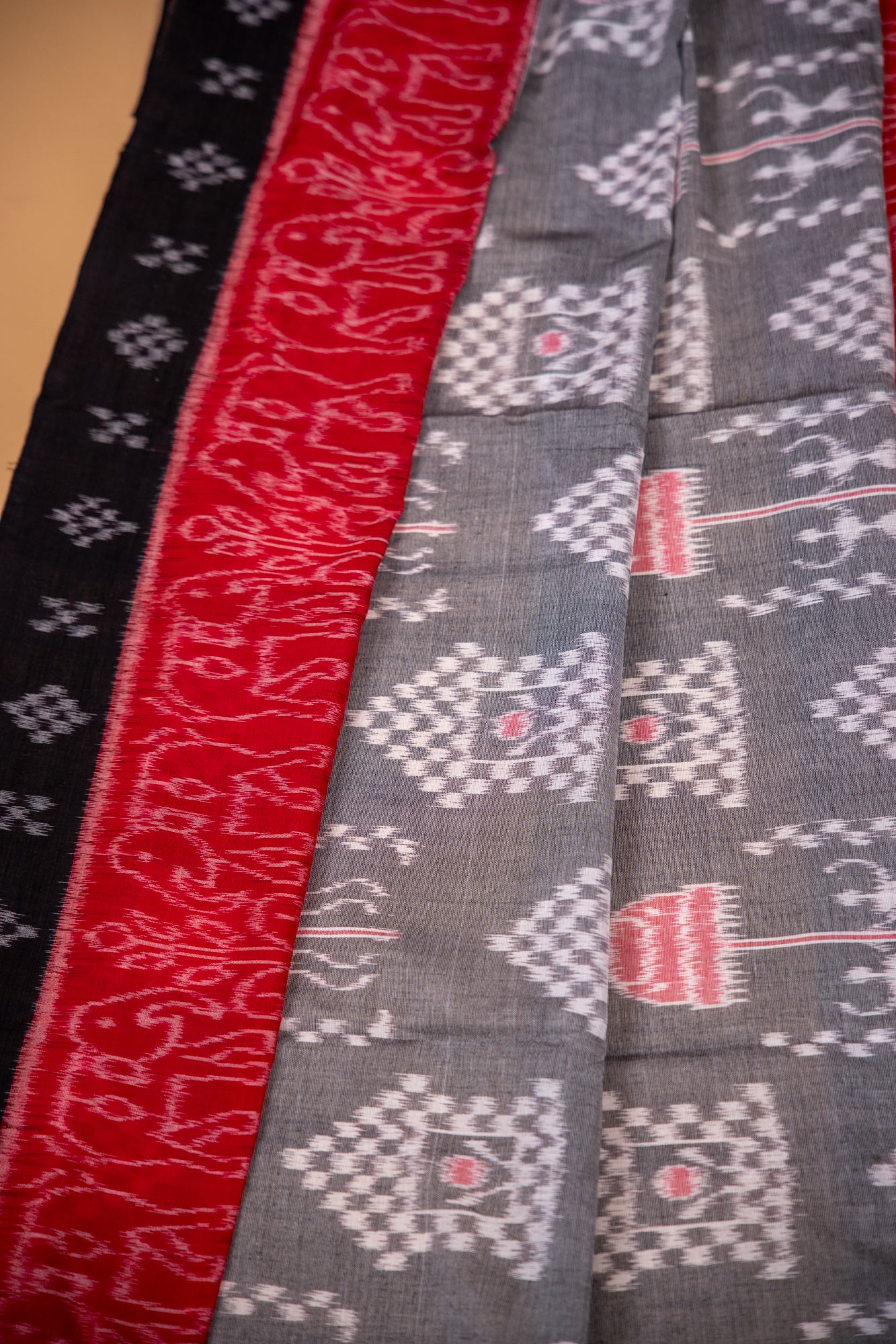 Charcoal Grey Sambalpuri Cotton Handloom Saree with Village & Elephant Motifs | Atulyakarigari