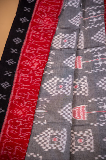 Charcoal Grey Sambalpuri Cotton Handloom Saree with Village & Elephant Motifs | Atulyakarigari