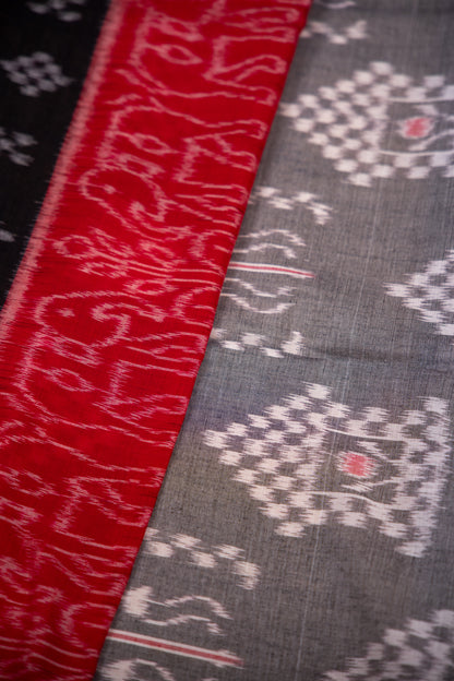 Charcoal Grey Sambalpuri Cotton Handloom Saree with Village & Elephant Motifs | Atulyakarigari