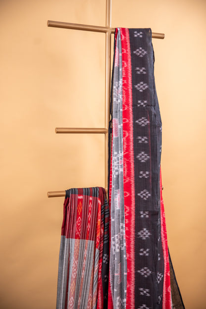 Charcoal Grey Sambalpuri Cotton Handloom Saree with Village & Elephant Motifs | Atulyakarigari