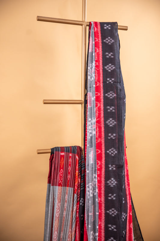 Charcoal Grey Sambalpuri Cotton Handloom Saree with Village & Elephant Motifs | Atulyakarigari