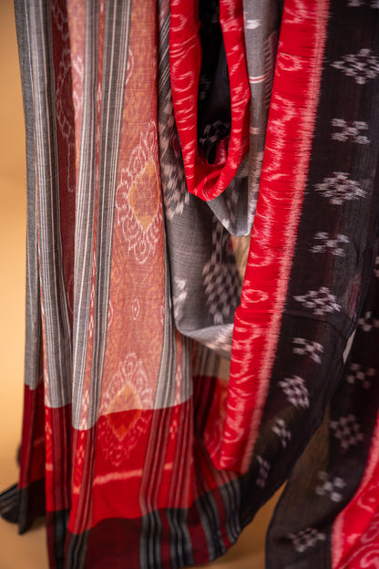 Charcoal Grey Sambalpuri Cotton Handloom Saree with Village & Elephant Motifs | Atulyakarigari
