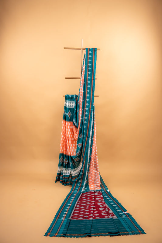 Pastel Peach Sambalpuri Cotton Handloom Saree with Geometric Ikat Design | Atulyakarigari