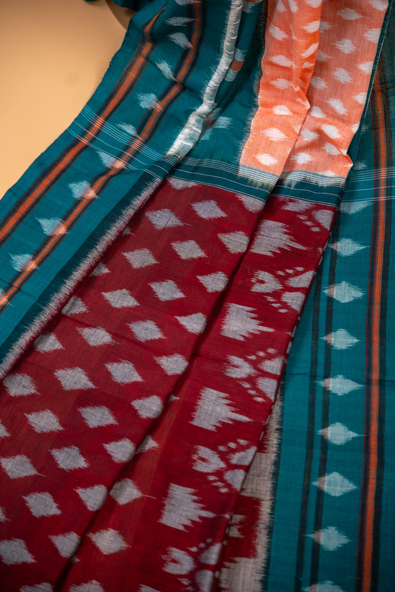 Pastel Peach Sambalpuri Cotton Handloom Saree with Geometric Ikat Design | Atulyakarigari