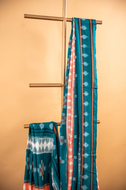 Pastel Peach Sambalpuri Cotton Handloom Saree with Geometric Ikat Design | Atulyakarigari