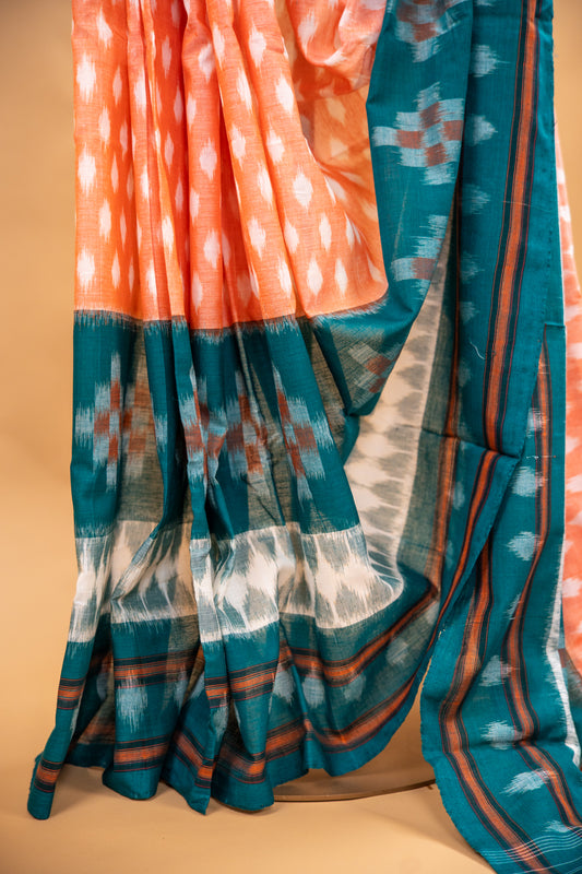 Pastel Peach Sambalpuri Cotton Handloom Saree with Geometric Ikat Design | Atulyakarigari