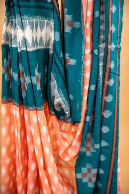 Pastel Peach Sambalpuri Cotton Handloom Saree with Geometric Ikat Design | Atulyakarigari