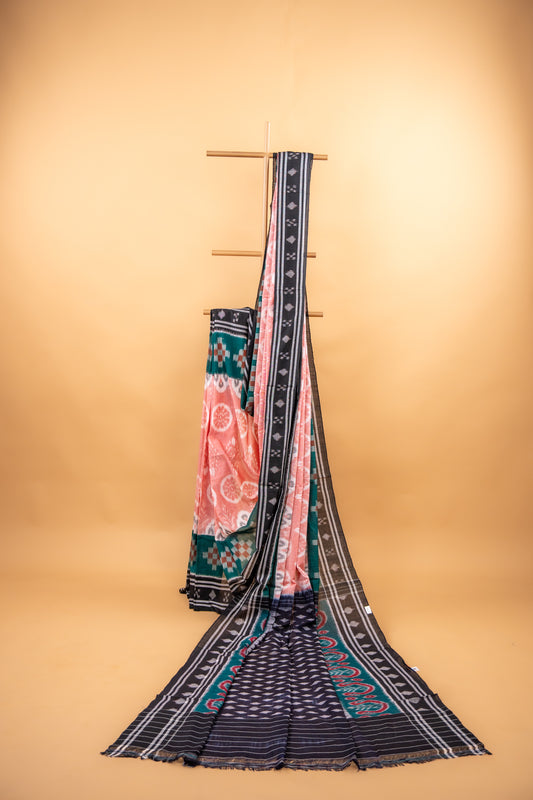 Terracotta Pink Sambalpuri Cotton Handloom Saree with Floral Motifs | Atulyakarigari