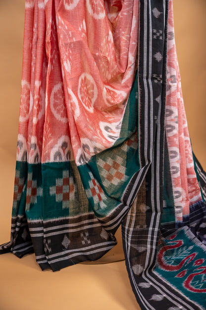 Terracotta Pink Sambalpuri Cotton Handloom Saree with Floral Motifs | Atulyakarigari