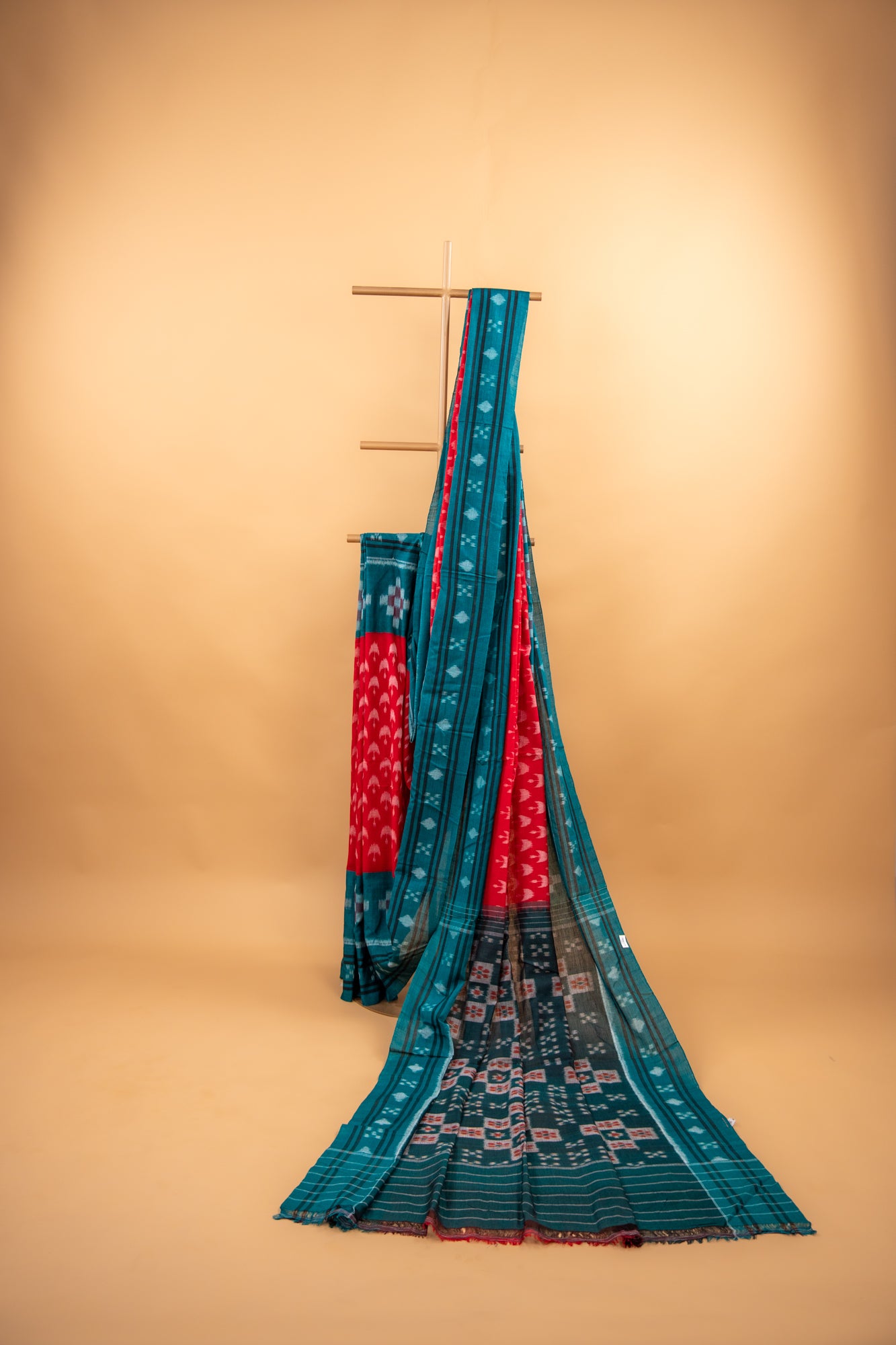 Crimson Red Sambalpuri Cotton Handloom Saree with Emerald Green Ikat Design | Atulyakarigari