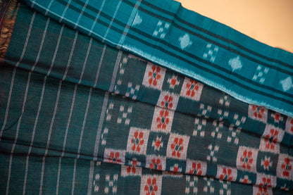 Crimson Red Sambalpuri Cotton Handloom Saree with Emerald Green Ikat Design | Atulyakarigari