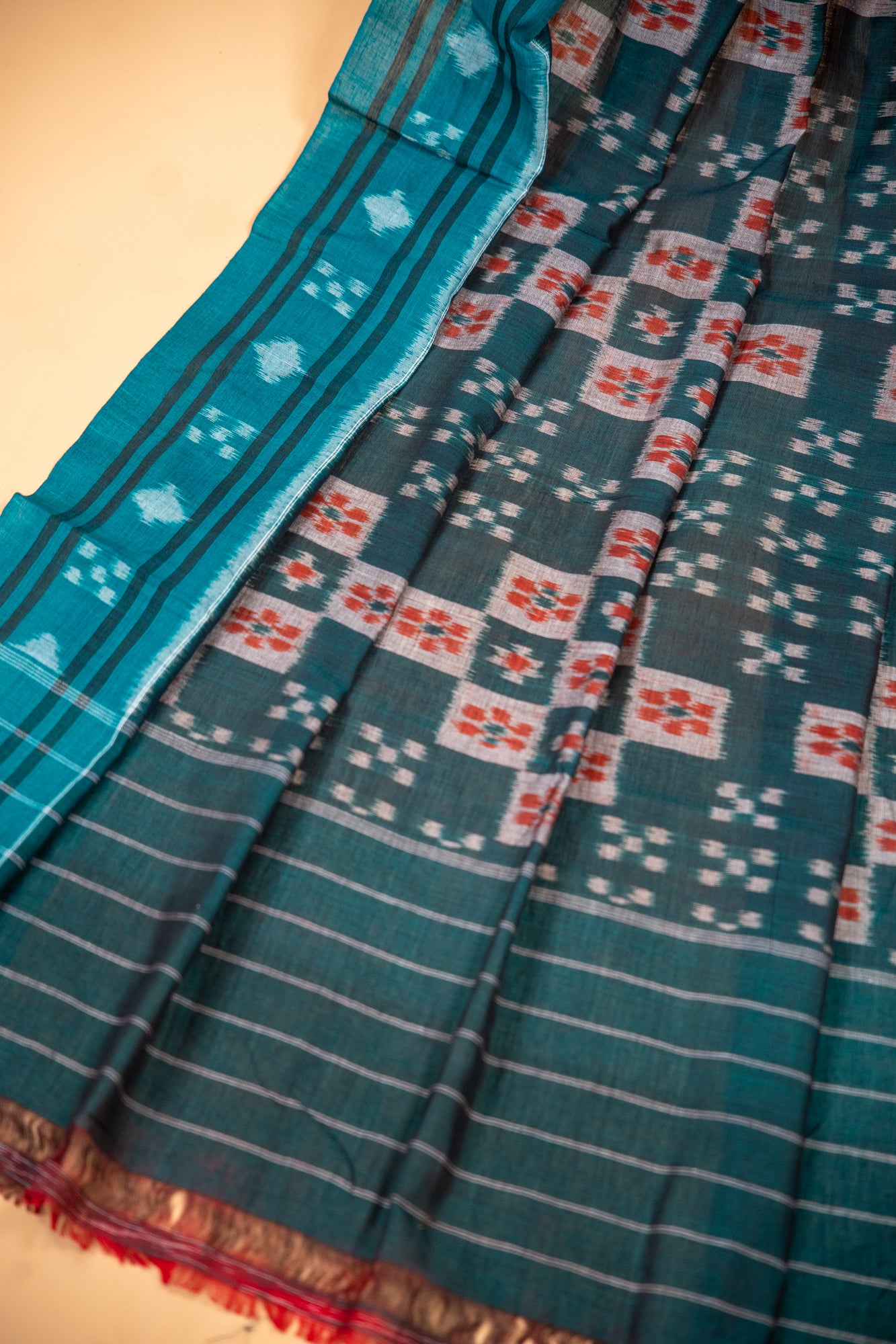 Crimson Red Sambalpuri Cotton Handloom Saree with Emerald Green Ikat Design | Atulyakarigari