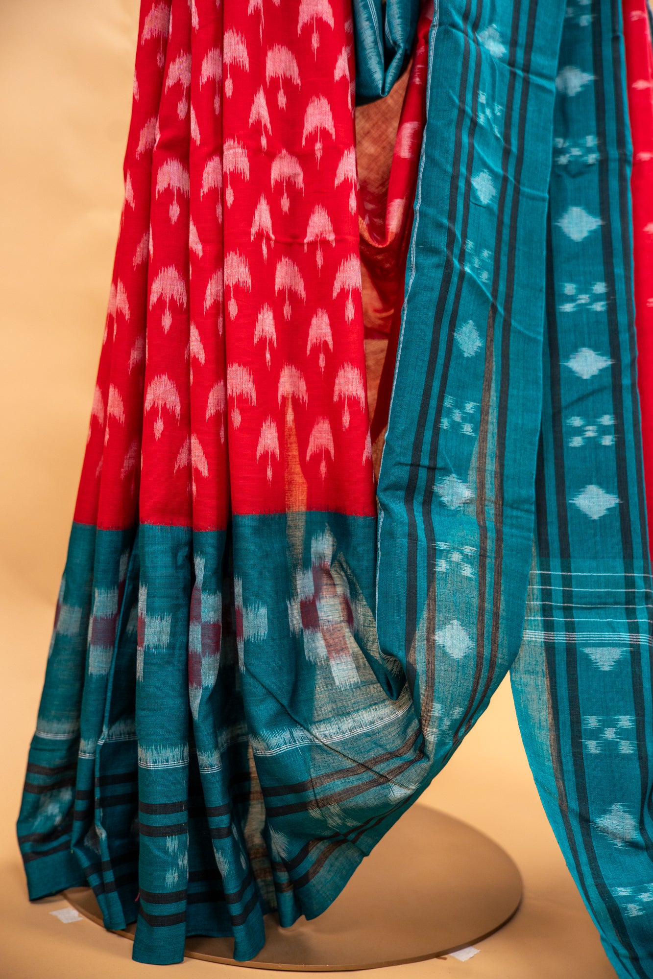 Crimson Red Sambalpuri Cotton Handloom Saree with Emerald Green Ikat Design | Atulyakarigari