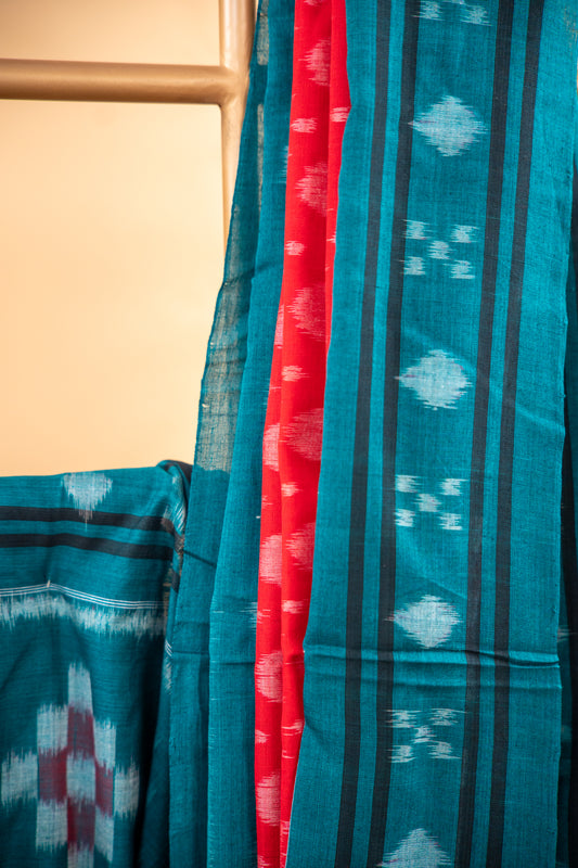 Crimson Red Sambalpuri Cotton Handloom Saree with Emerald Green Ikat Design | Atulyakarigari