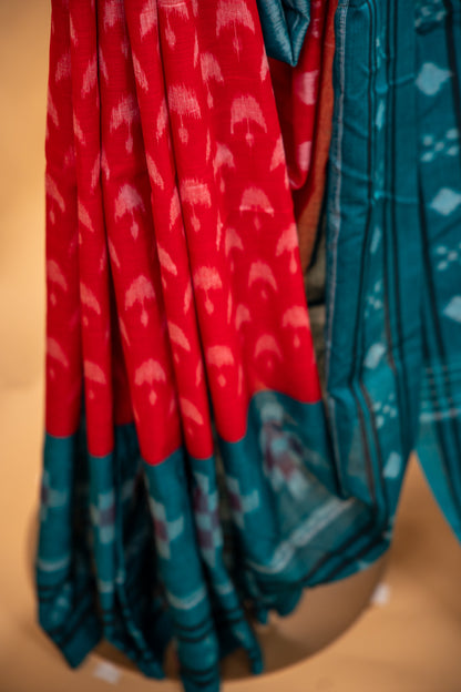Crimson Red Sambalpuri Cotton Handloom Saree with Emerald Green Ikat Design | Atulyakarigari