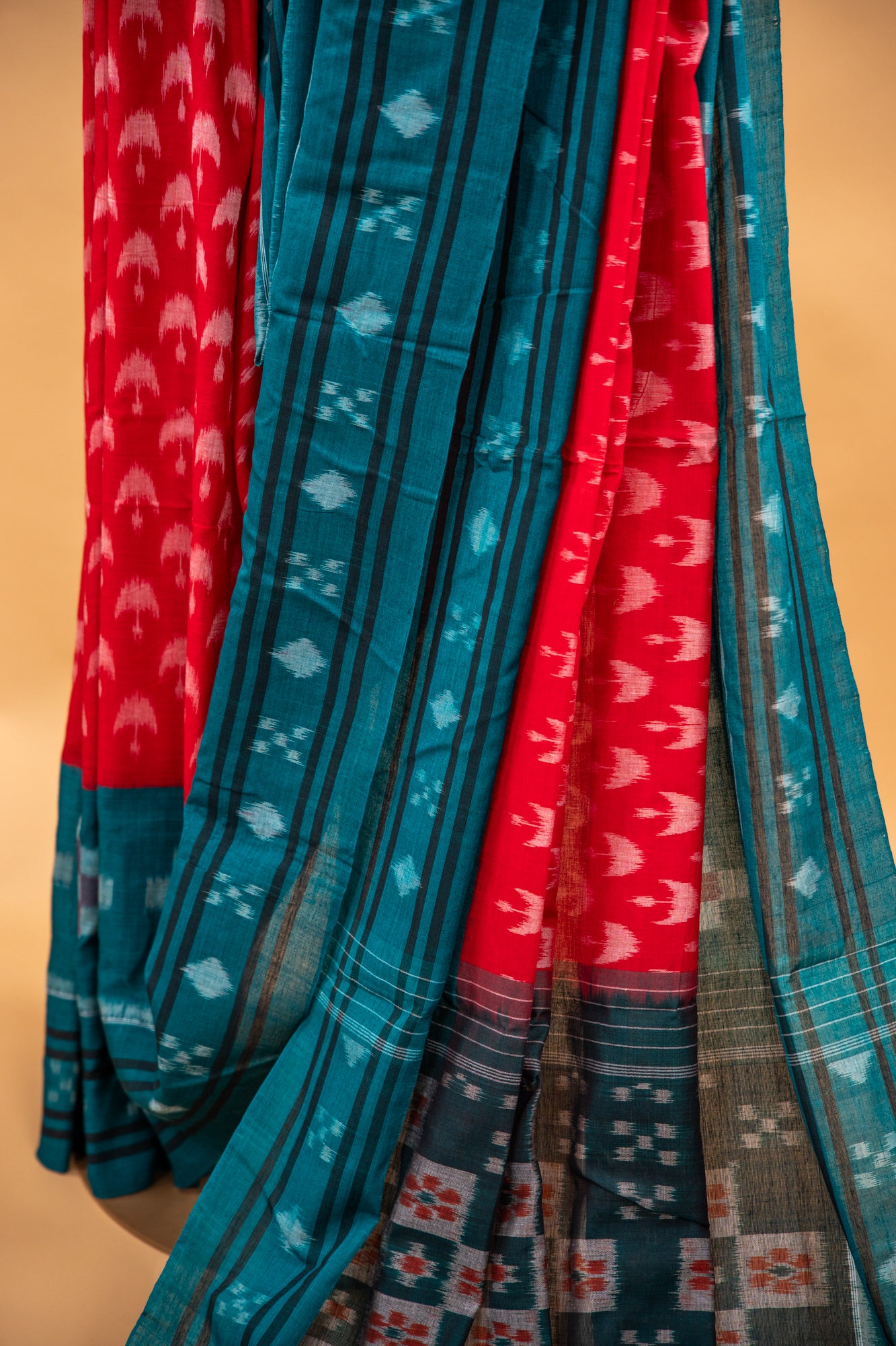 Crimson Red Sambalpuri Cotton Handloom Saree with Emerald Green Ikat Design | Atulyakarigari