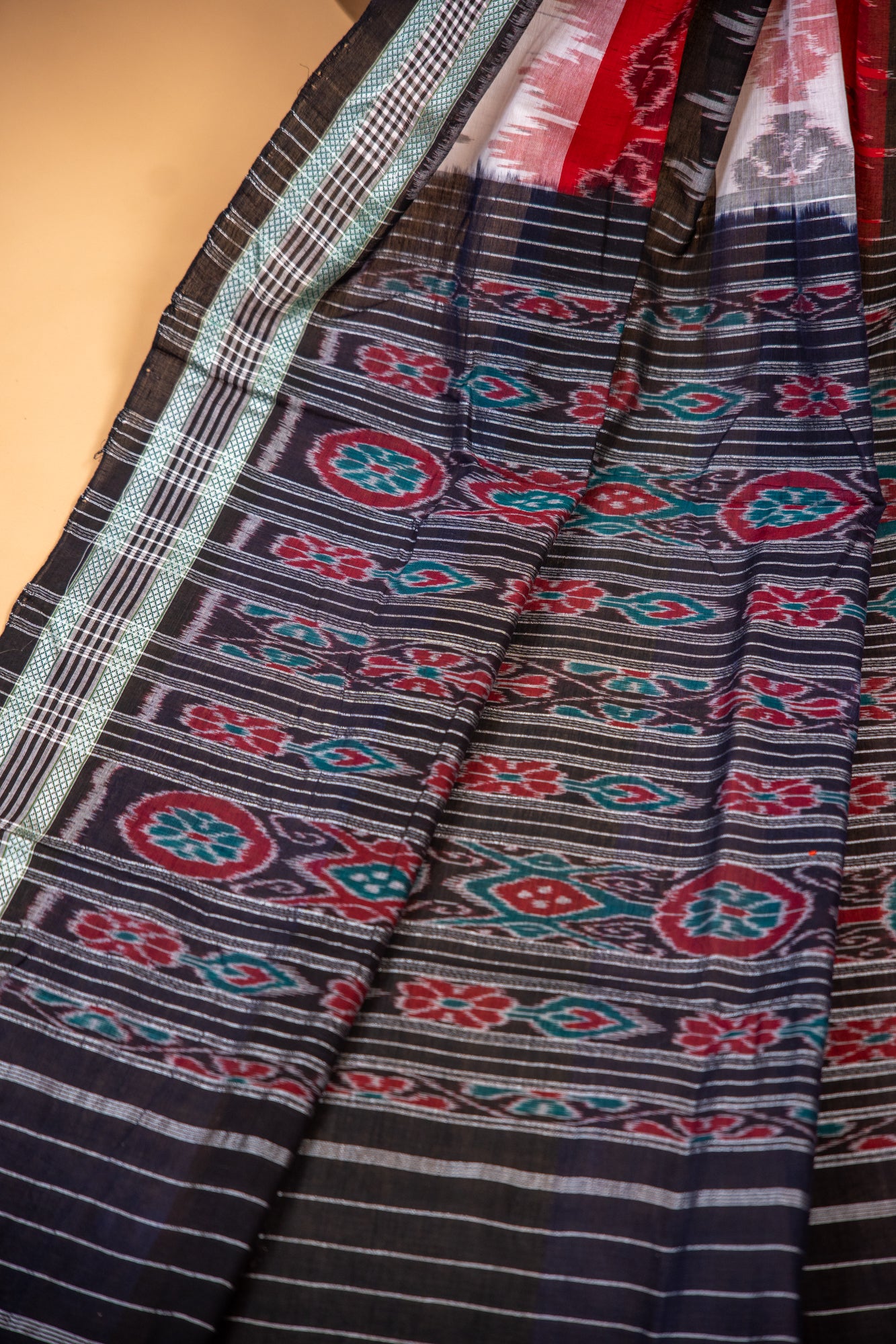 Charcoal Grey Sambalpuri Cotton Handloom Saree with Village & Elephant Motifs | Atulyakarigari