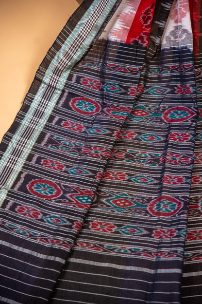 Charcoal Grey Sambalpuri Cotton Handloom Saree with Village & Elephant Motifs | Atulyakarigari