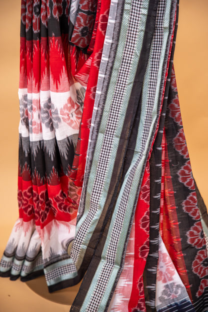 Black & White Sambalpuri Cotton Handloom Saree with Floral Ikat Motifs | Atulyakarigari