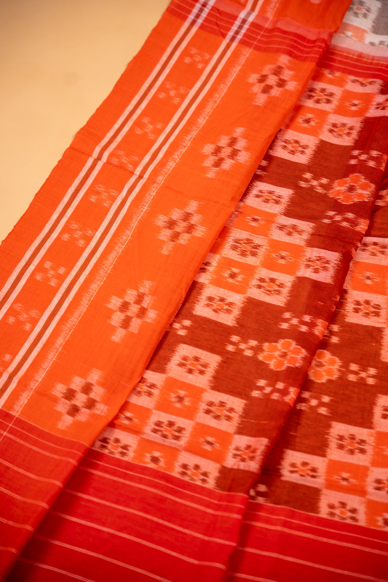 Handwoven Brown Sambalpuri Cotton Saree with Floral Ikat Checks