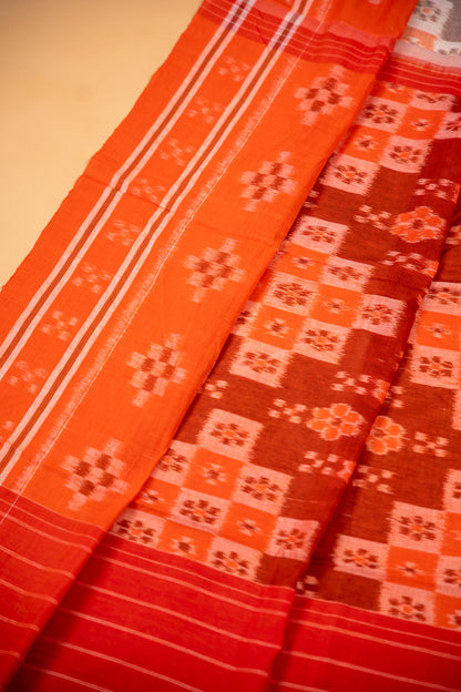 Handwoven Brown Sambalpuri Cotton Saree with Floral Ikat Checks