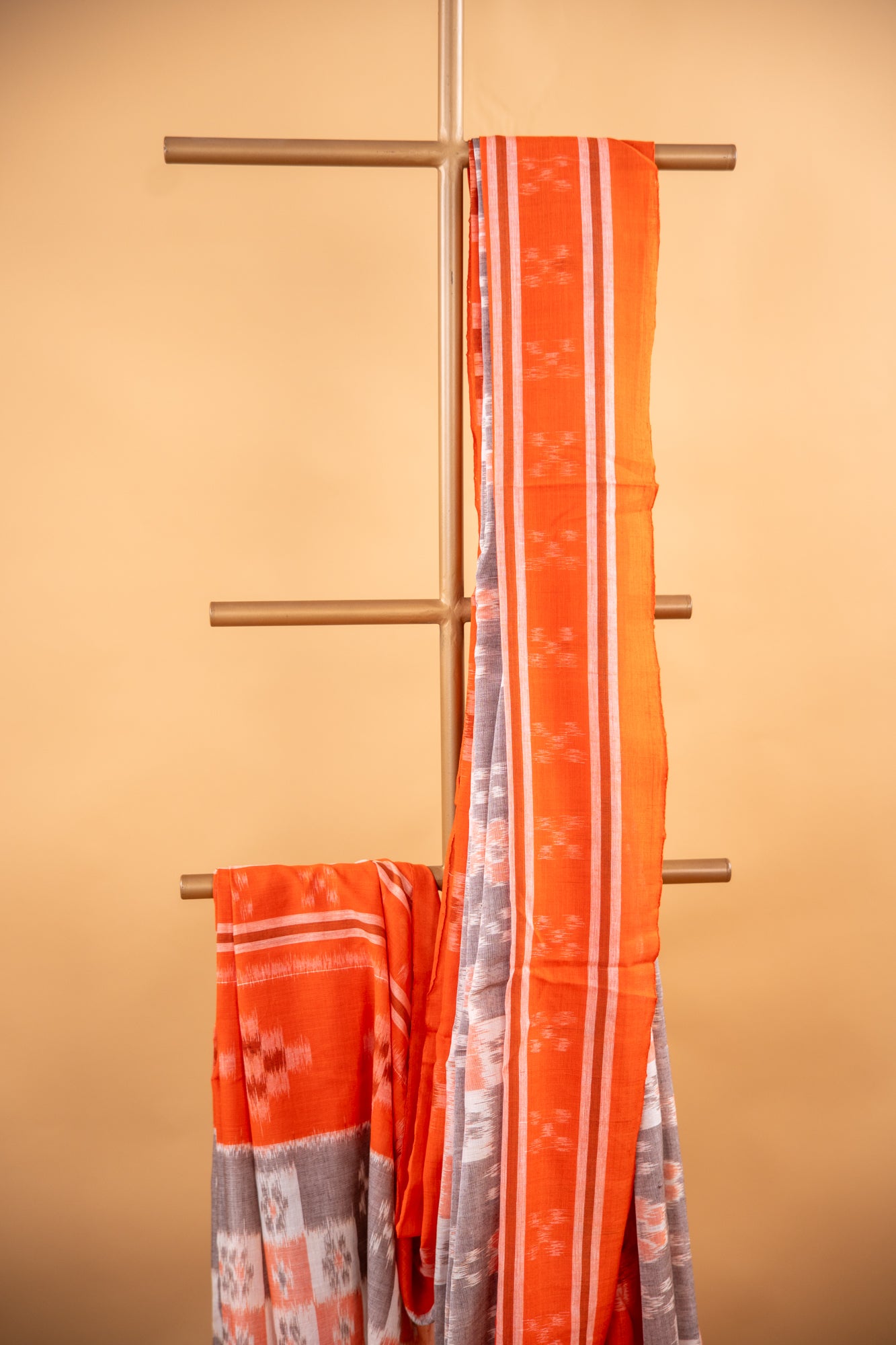 Handwoven Brown Sambalpuri Cotton Saree with Floral Ikat Checks