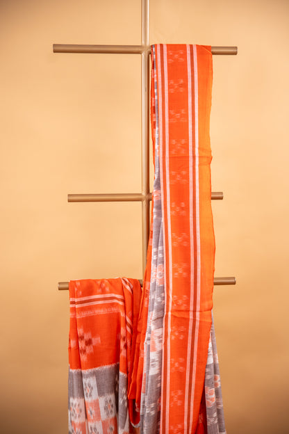 Handwoven Brown Sambalpuri Cotton Saree with Floral Ikat Checks