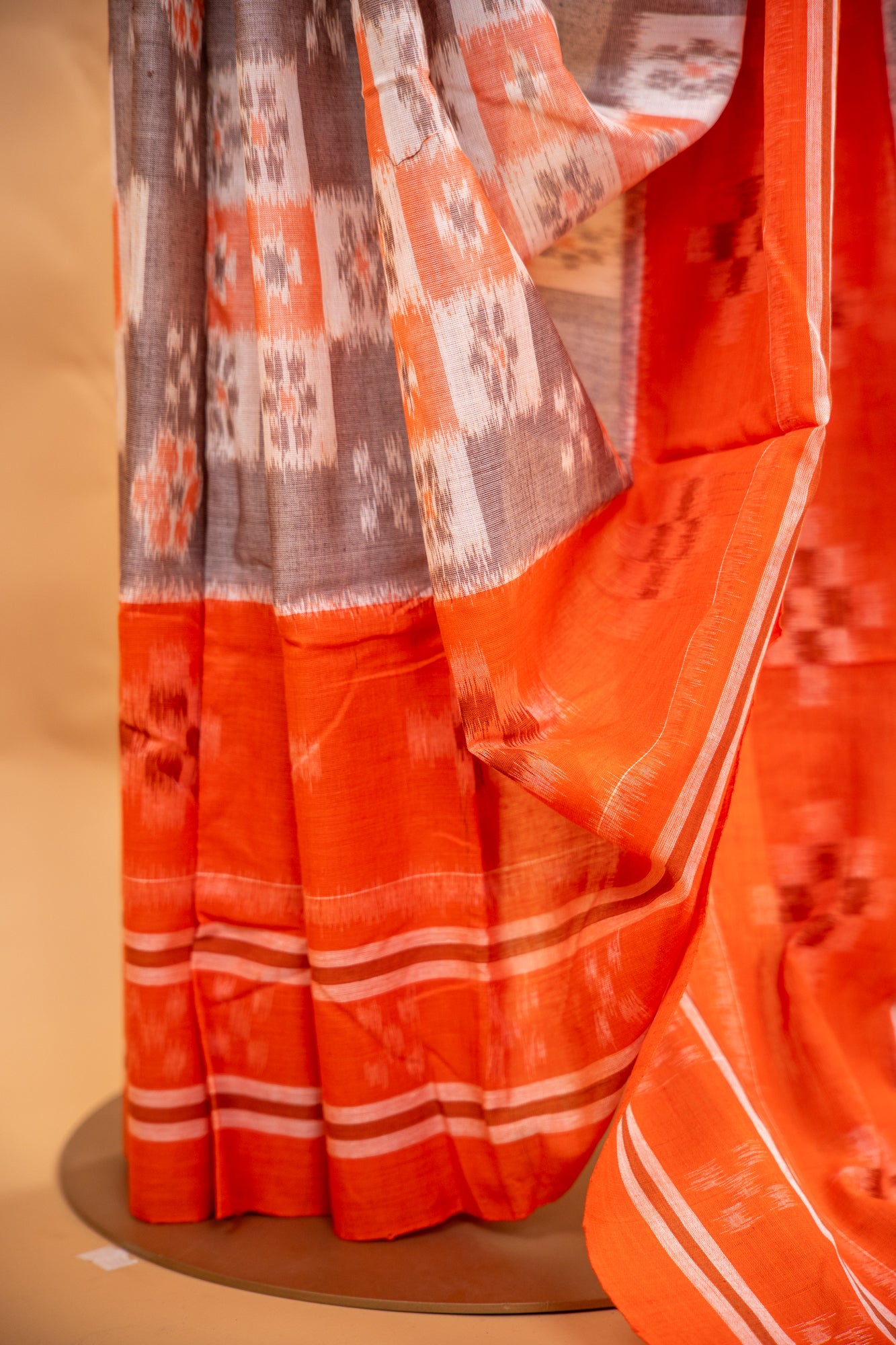 Handwoven Brown Sambalpuri Cotton Saree with Floral Ikat Checks
