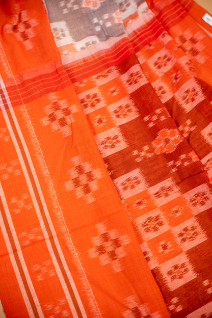 Handwoven Brown Sambalpuri Cotton Saree with Floral Ikat Checks