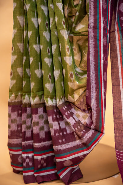Olive Green Sambalpuri Cotton Saree | Atulya Karigari