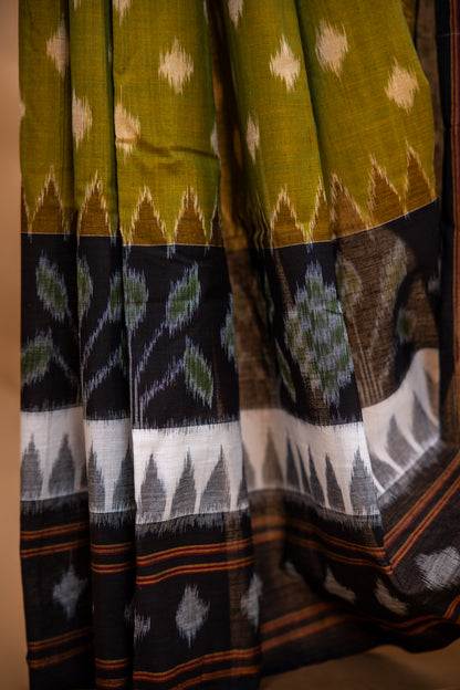 Olive Green Sambalpuri Cotton Handloom Saree with Nature-Inspired Motifs | Atulyakarigari