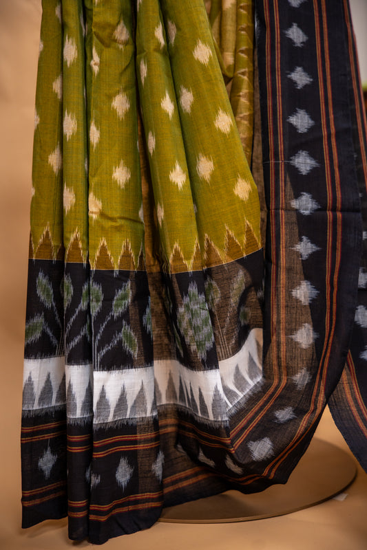 Olive Green Sambalpuri Cotton Handloom Saree with Nature-Inspired Motifs | Atulyakarigari
