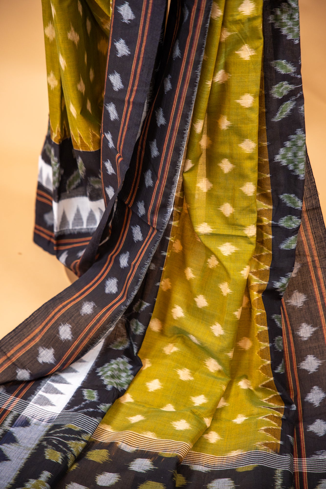 Olive Green Sambalpuri Cotton Handloom Saree with Nature-Inspired Motifs | Atulyakarigari