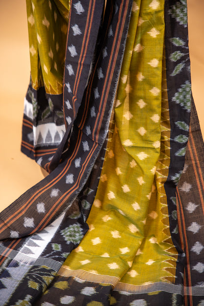 Olive Green Sambalpuri Cotton Handloom Saree with Nature-Inspired Motifs | Atulyakarigari