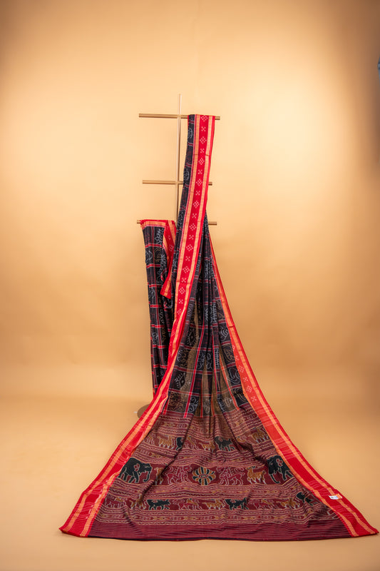 Black Sambalpuri Cotton Saree with Red Border | Atulya Karigari
