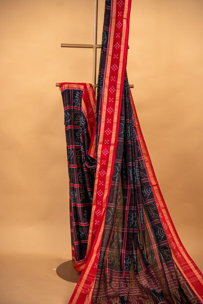 Black Sambalpuri Cotton Saree with Red Border | Atulya Karigari