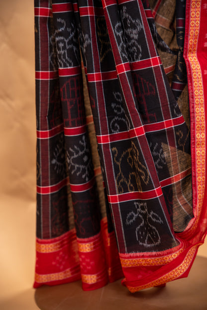 Black Sambalpuri Cotton Saree with Red Border | Atulya Karigari