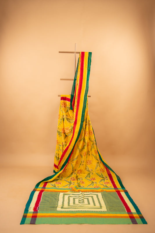 Handwoven Sambalpuri Cotton Saree in Mustard Yellow & Green