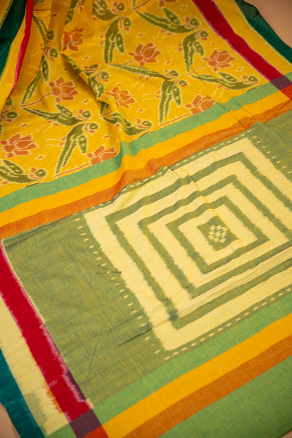 Handwoven Sambalpuri Cotton Saree in Mustard Yellow & Green