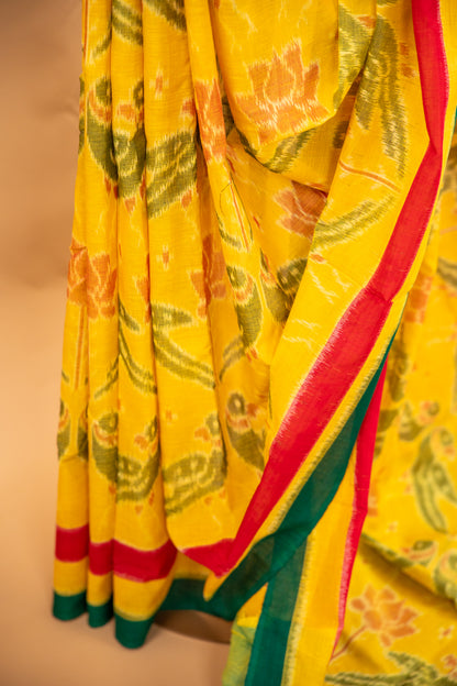 Handwoven Sambalpuri Cotton Saree in Mustard Yellow & Green