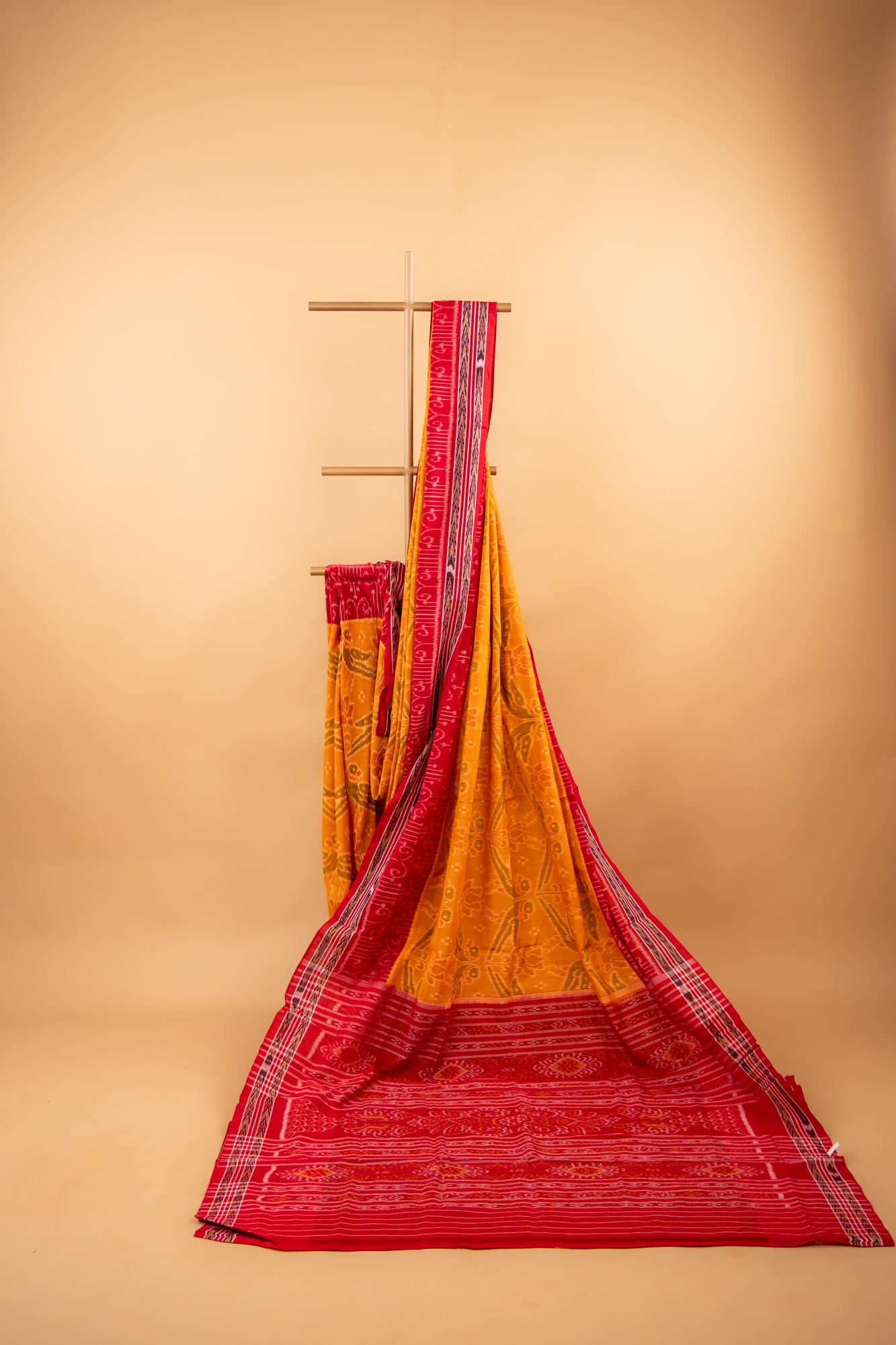 Handwoven Amber Gold Sambalpuri Cotton Saree with Traditional Temple Design