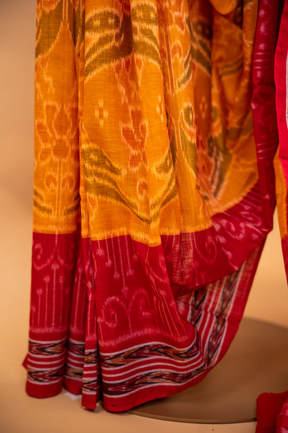 Handwoven Amber Gold Sambalpuri Cotton Saree with Traditional Temple Design
