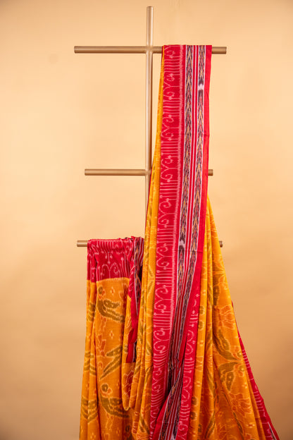 Handwoven Amber Gold Sambalpuri Cotton Saree with Traditional Temple Design
