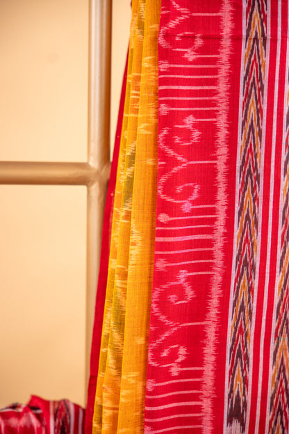Handwoven Amber Gold Sambalpuri Cotton Saree with Traditional Temple Design