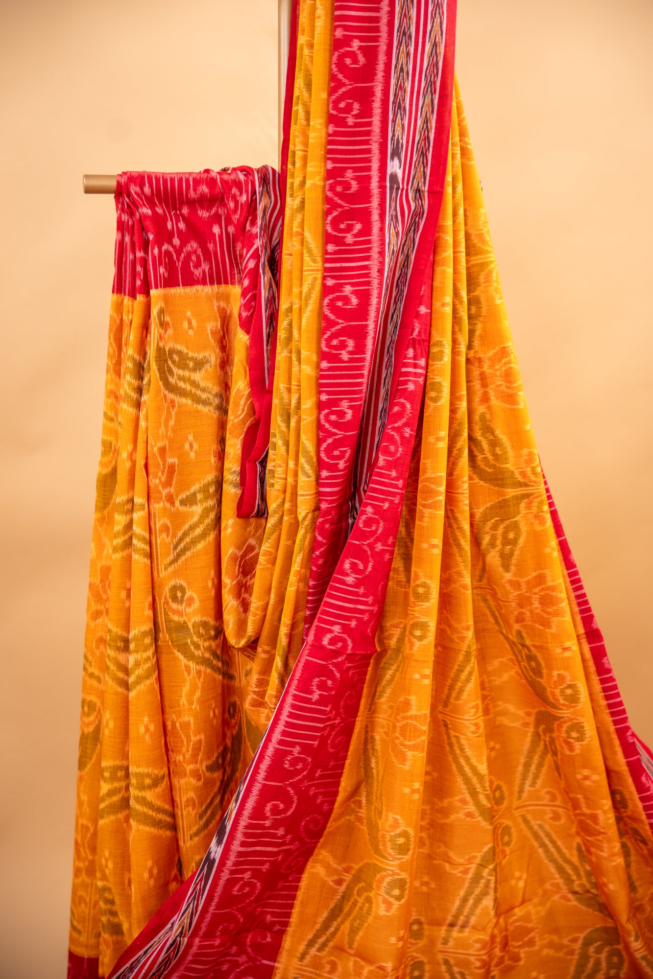 Handwoven Amber Gold Sambalpuri Cotton Saree with Traditional Temple Design